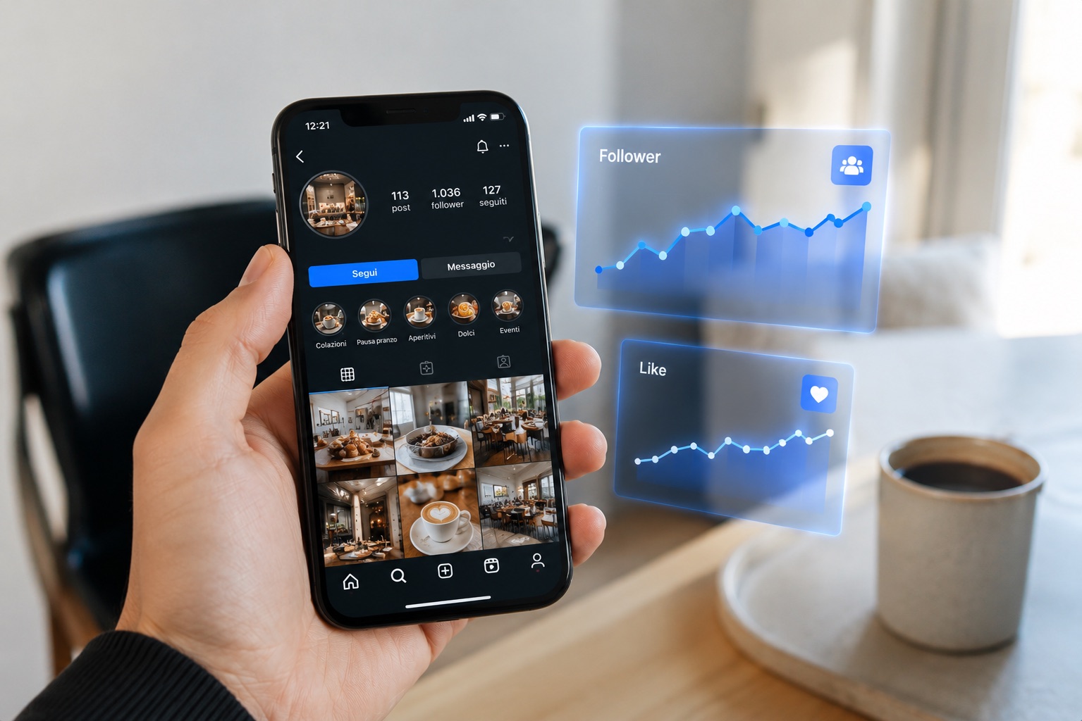 Smartphone con il profilo Instagram di un'attività locale e un grafico di crescita follower