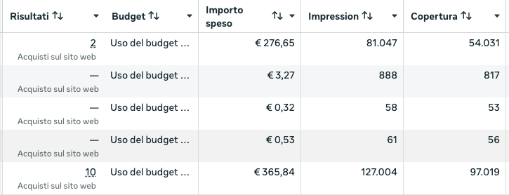 Screenshot dei risultati di una campagna Meta Ads gestita da Evoshop: acquisti sul sito, impression e copertura